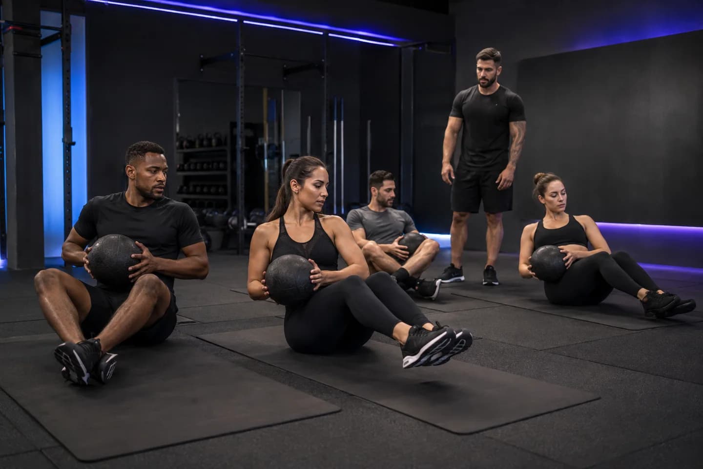 Alunos realizando exercícios abdominais com acompanhamento profissional