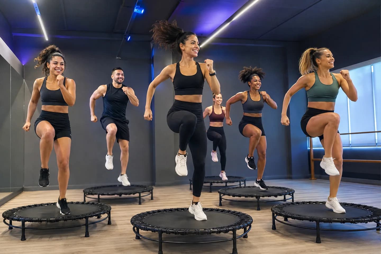 Alunos participando de uma aula coletiva de jump com minitrampolins