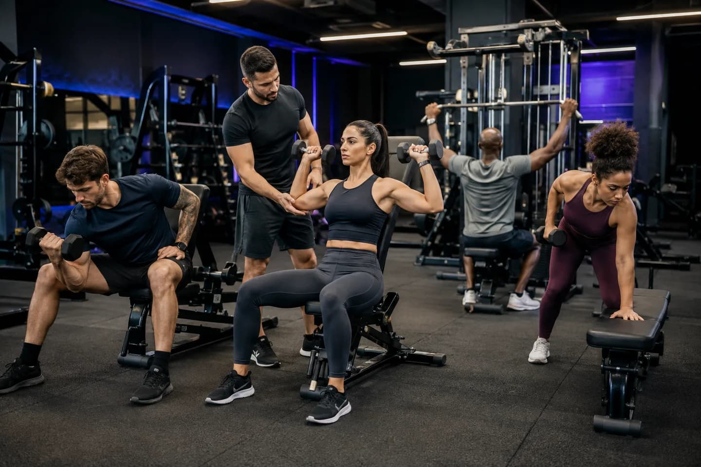 Alunos em uma aula de musculação com orientação profissional