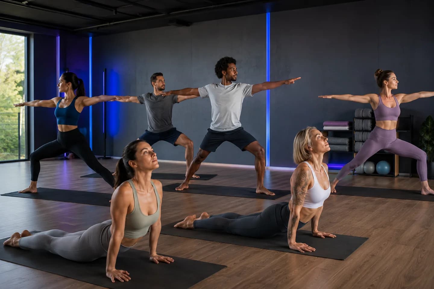 Alunos praticando yoga em uma sala de treino